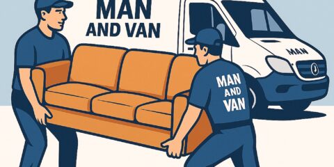 Two professional movers carrying a sofa into a branded Man and Van Wokingham vehicle