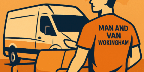 Illustrated removals advert showing a mover loading a van for Man and Van Wokingham with phone number 07917 698493