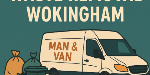 Illustrated waste removal graphic showing rubbish being loaded into a Man and Van Wokingham vehicle with the website manandvanwokingham.co.uk displayed at the top