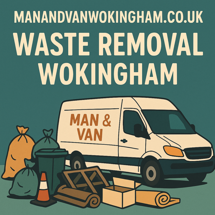 Illustrated waste removal graphic showing rubbish being loaded into a Man and Van Wokingham vehicle with the website manandvanwokingham.co.uk displayed at the top